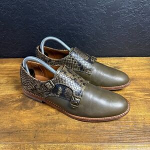 Anthology Paris Double Monk Strap Olive Green Leather Snakeskin Loafers EU 39